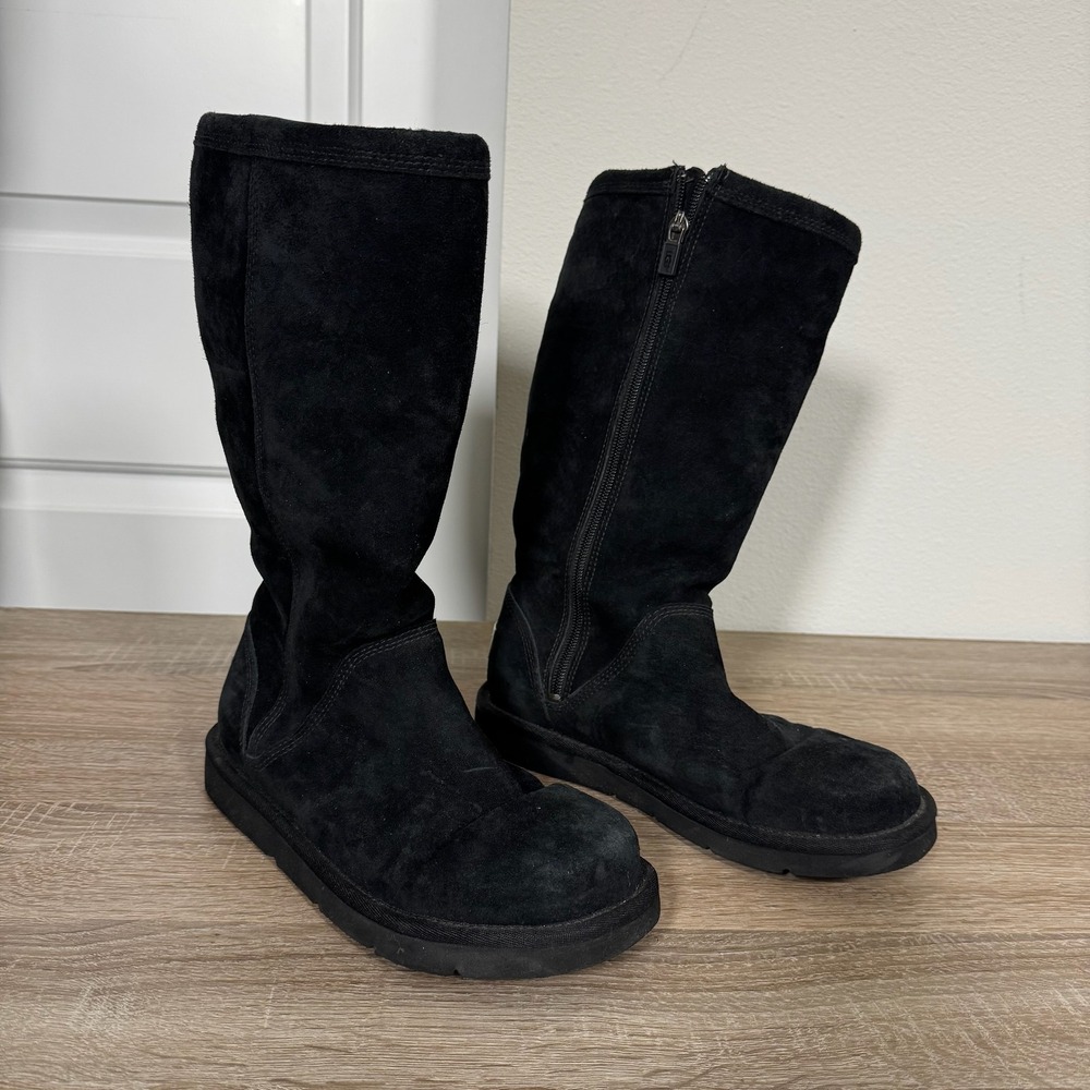 UGG Australia Women Black Suede Mid-Calf Sheepskin Lined Zip Boots 1890 US 7